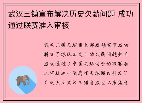 武汉三镇宣布解决历史欠薪问题 成功通过联赛准入审核